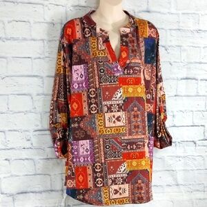 🔵BOGO FREE🔵 NWT Amiclos Top Tunic Button Tab Sleeves Patchwork  Sz 3XL